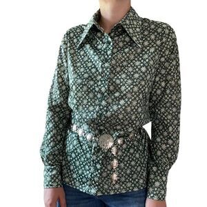 Vintage 1970s Womens Neusteters Green Retro Disco Collar Psychedelic Blouse Sz M